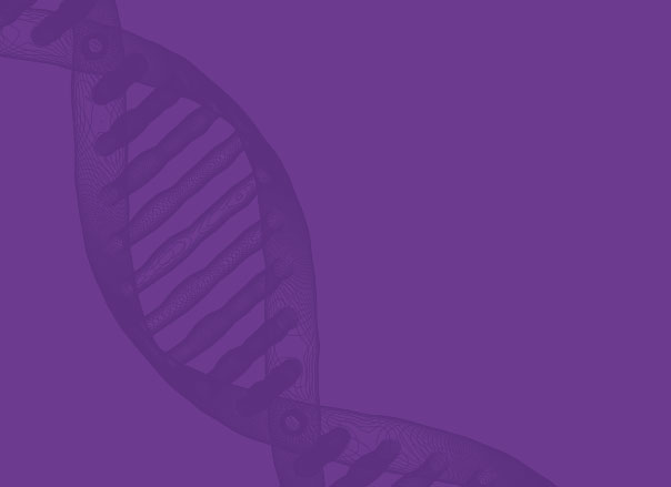 A imagem tem o fundo roxo com a aplicação de um DNA por cima.